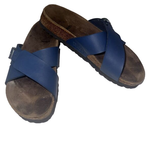 Birki Birkenstock Blue Siena X Strap Criss Cross Sandals Women Sz 8/ 39 NARROW - Picture 2 of 10